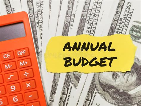 Text Annual Budget Written On Yellow Paper Strip With Calculator And