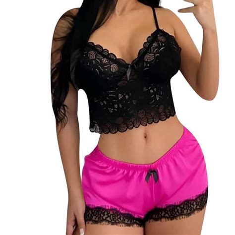 Nuisette Mode Sexy Dentelle Vêtements de Nuit Lingerie Tentation Sous Vêtements Chemise Rose vif