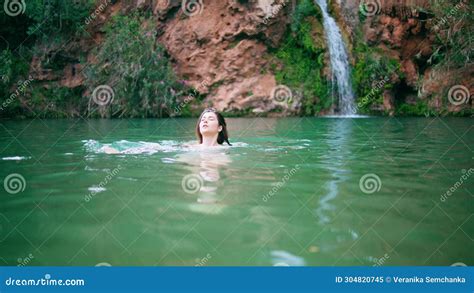 Naked Woman Swimming Lagoon In Beautiful Summer Nature Lady Splashing