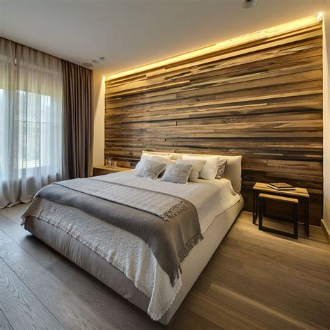 A Bed Room With A Neatly Made Bed Next To A Window And A Wooden Wall