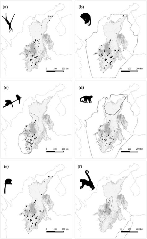 Map Of Geographical Records For Each Of The Six Primate Species Black