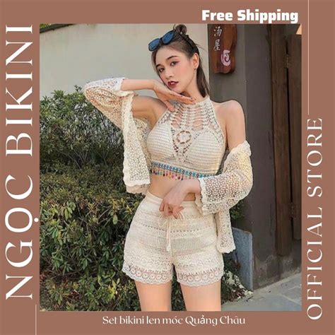 Set bikini đồ bơi len móc yếm đính đá kín đáo kèm khoác ren Shopee