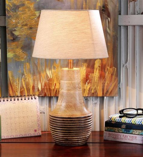 Buy Aesthetic White Fabric Shade Night Lamp With Mango Wood Base At