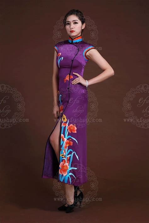 Purple Silk With Embroidery Sleeveless Cheongsam Dress Custom Made