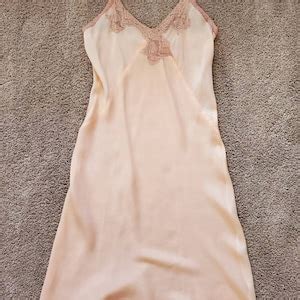 Vtg S Silk Peach Slip Nightgown Dress NRA LABEL Pink Lingerie Lace Dress Art Deco Night