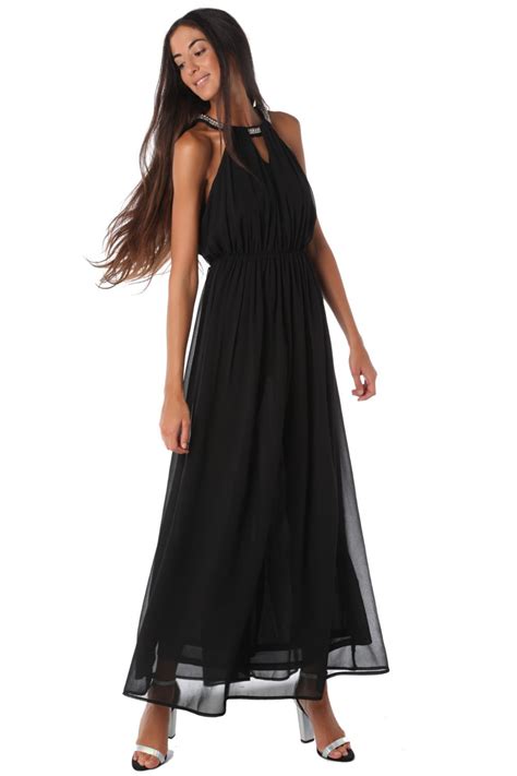 Halter Neck Chiffon Maxi Dress With Embellished Neckline Q Chiffon