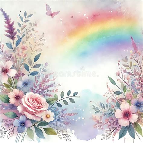 Dreamy Pastel Rainbow Watercolor Background With Soft Floral Overlays