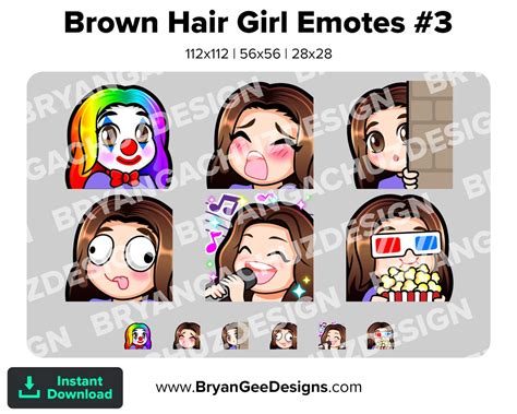 Brunette Brown Hair Girl Twitch Emotes For Streaming Clown Gasm Lurk Derp Sing Popcorn Youtube