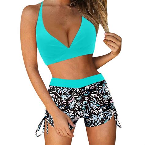 Youyipin Womens Swimsuits 2 Piece Print V Neck Conservative Swimwear Beach Skirt Bikini Hawaii