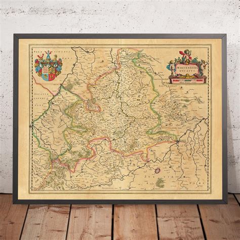 Old Map of Baden-Württemberg by Willem Blaeu, 1635: Stuttgart, Heidelb