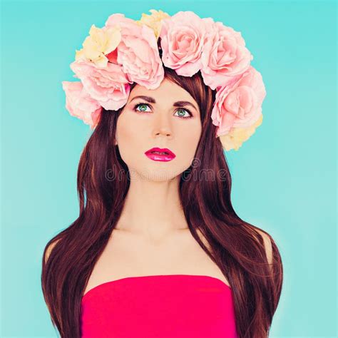 Sensual Brunette Lady With Floral Wreath On Her Head Stock Photo Image Of Decoration