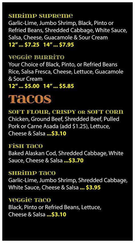 Menu At Taco Del Sol Restaurant Butte 146 W Park St
