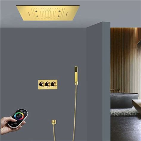 Remote Controlled Thermostatic LED Polished Gold Rainfall Waterfall Mist Hot And Cold Shower