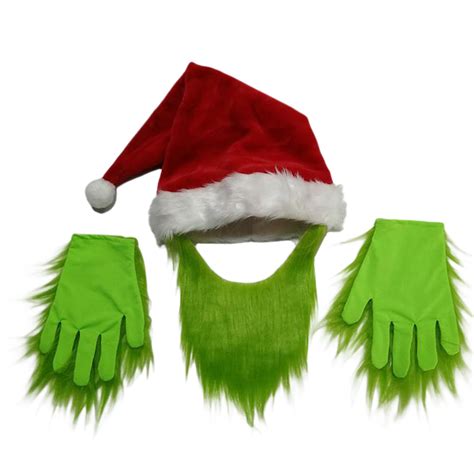 Buy Aunavey Grinch Beard Santa Hat With Green Furry Gloves For Adult