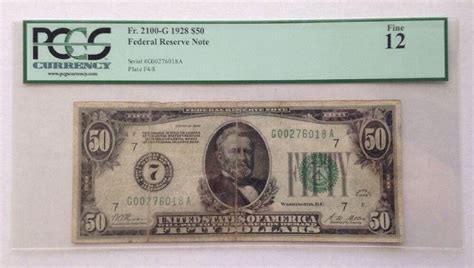 Old Vintage 1928 Fifty Dollar Bill 50 Federal Reserve Note Chicago Il Pcgs Fine 1817853928