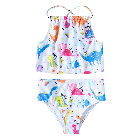 Asfgimuj Girls Two Piece Swimsuit Summer Cartoon Dinosaur Prints Backless Swimwear Bikini Set