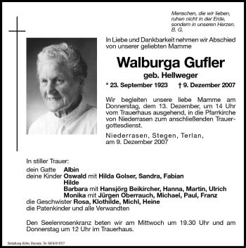 Traueranzeigen Von Walburga Gufler Trauer Bz