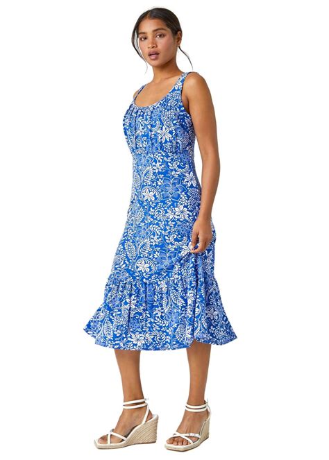 Roman Royal Blue Floral Frill Hem Stretch Midi Dress Matalan