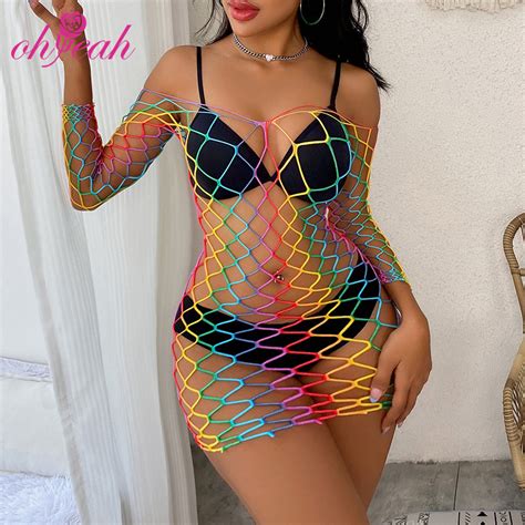 New Style Rainbow Colorful Long Sleeve Plus Size Fishnet Bodystocking Lingerie For Women Sexy