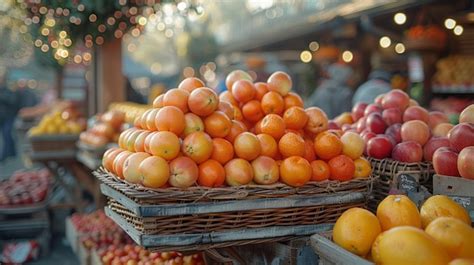 Premium Photo | Basket of fruits Farmers market with in a bustling scene