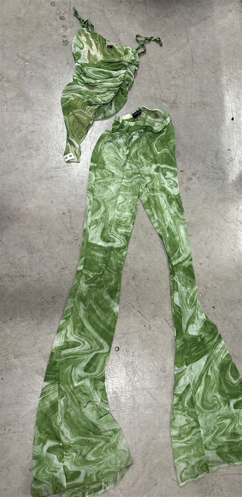 Naked Wardrobe Flare Pant And Sexy Top Set Xx Green W Gem