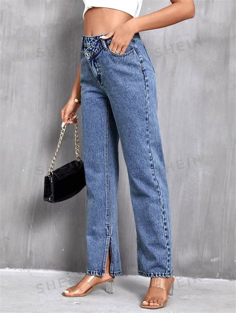 Shein Frenchy Stepped Waist Straight Leg Split Hem Jeans Shein Usa