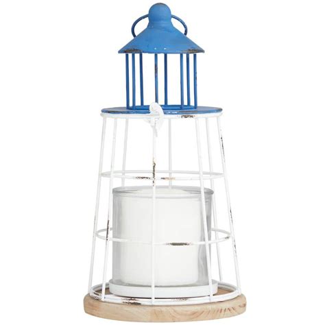 Litton Lane Blue Metal Distressed Decorative Light House Candle Lantern