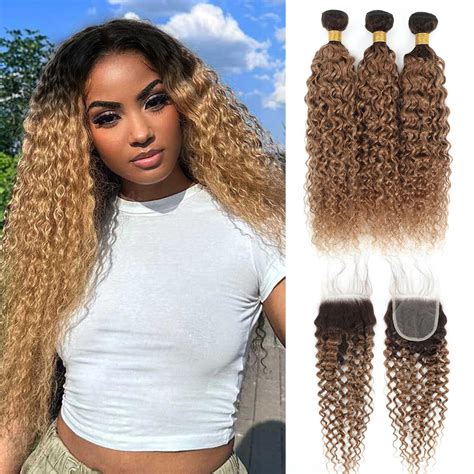 Amazon Ombre Color Water Wave Human Hair Bundles With Closure Honey Blonde