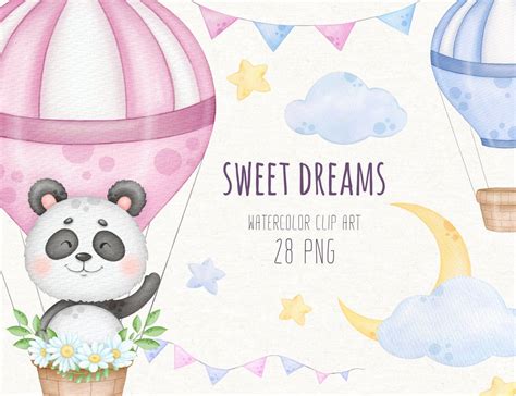 Cute Panda And Hot Air Balloon Watercolor Clipart Sweet Dreams Clip Art Instant Digital