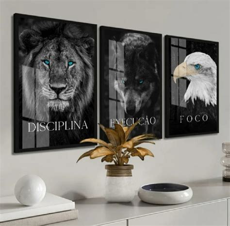 Quadro Animais Leão Lobo Águia Preto E Branco Com Vidro Sala