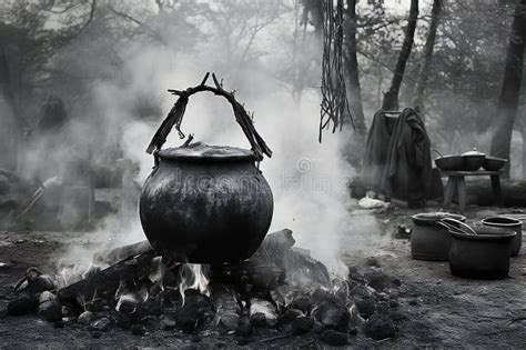Cauldron On The Fire In The Forest Black And White Stock Illustration