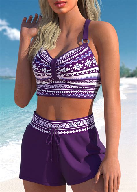 Tribal Print Metal Ring Purple Bikini Top Rosewe USD