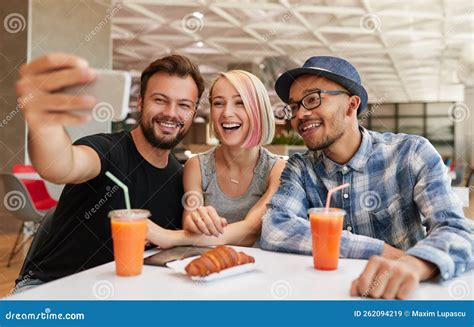 Happy Diverse Friends Taking Selfie In Restaurant Stock Image Image