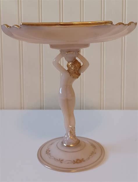 Cambridge Glass Nude Compote Dish Hand Painted Shell Shape Gold Trim Pink With Pink And Purple