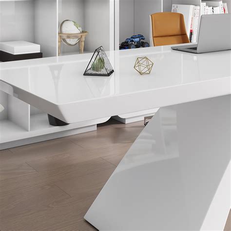 Modern White Computer Desk Rectangular Office Desk with Pedestal Base ...