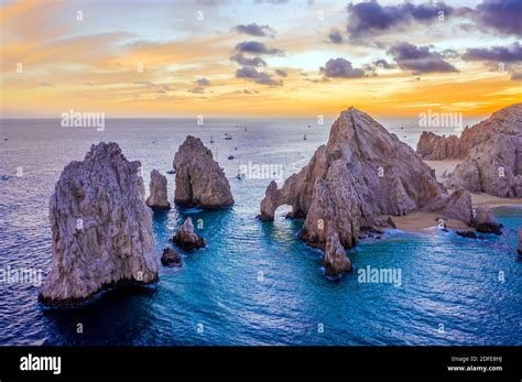 Aerial view of the Arch of Cabo San Lucas, Mexico at sunset, Lands End ...