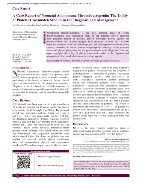 Pdf A Case Report Of Neonatal Alloimmune Thrombocytopenia The