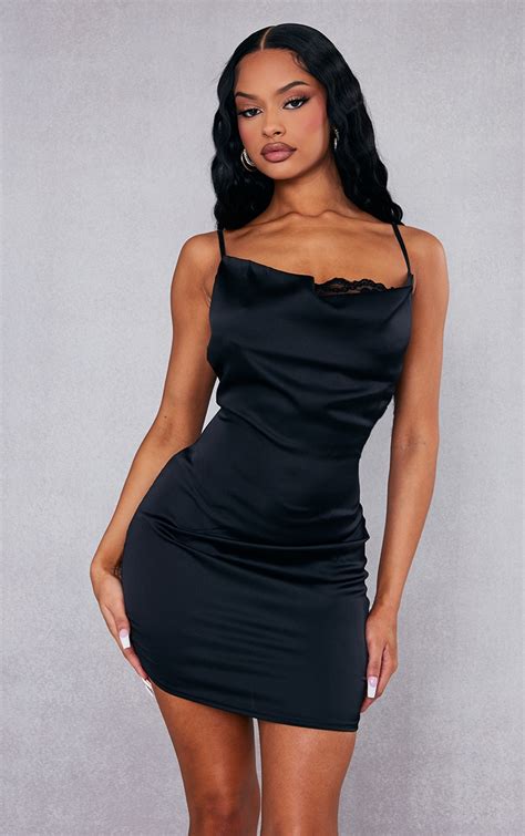 Black Lace Trim Satin Strappy Bodycon Dress | PrettyLittleThing USA