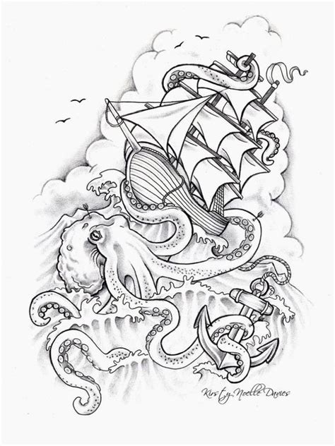 Clipper ship, octopus/cracken, anchor tattoo drawing | Ship tattoo, Octopus tattoo design ...