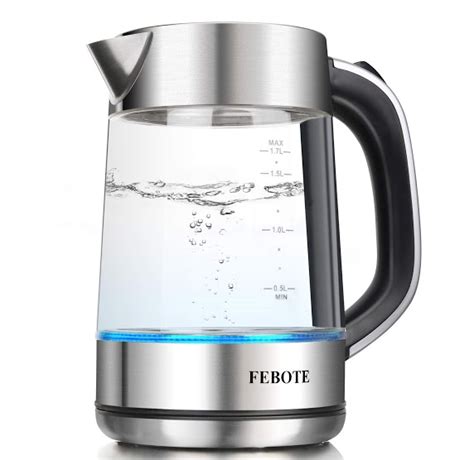 Febote Electric Glass Kettle 100 Stainless Steel Inner Lid 17l 1500w Fast Boiling Water Pot