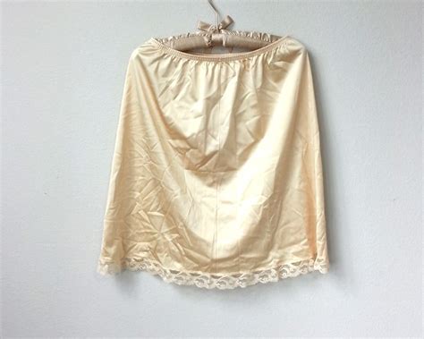 Nude Champagne Satin And Lace Vintage Nylon Half Slip Knee Length With Side Slit A Line Skirt