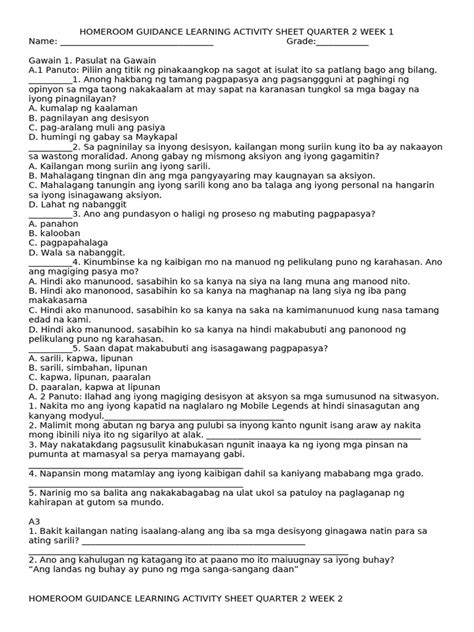 homeroom guidance learning activity sheet quarter  week