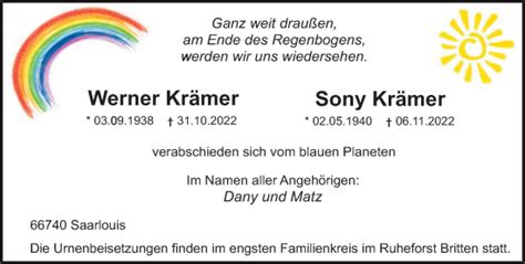 Traueranzeigen von Werner und Sony Krämer Saarbruecker Zeitung Trauer de