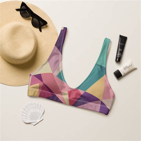 Pink Geometric Bikini Top Mix And Match Versatile Sporty Top Full Coverage Padded Double Layered