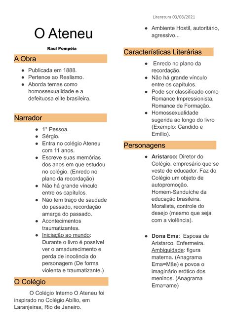 SOLUTION: Resumo o ateneu docx - Studypool