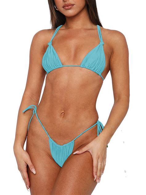 Womens Sexy Bikini Set Thong Hater String Cheeky Two Piece Swimsuits Double Shoulder Straps