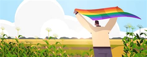 Homem Segurando Bandeira De Arco Ris Lgbt Gay L Sbica Desfile Do Orgulho Festival Transexual