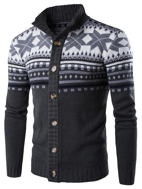 Geometric Snowflake Pattern Christmas Knitted Cardigan Mens Winter Christmas Sweaters Casual