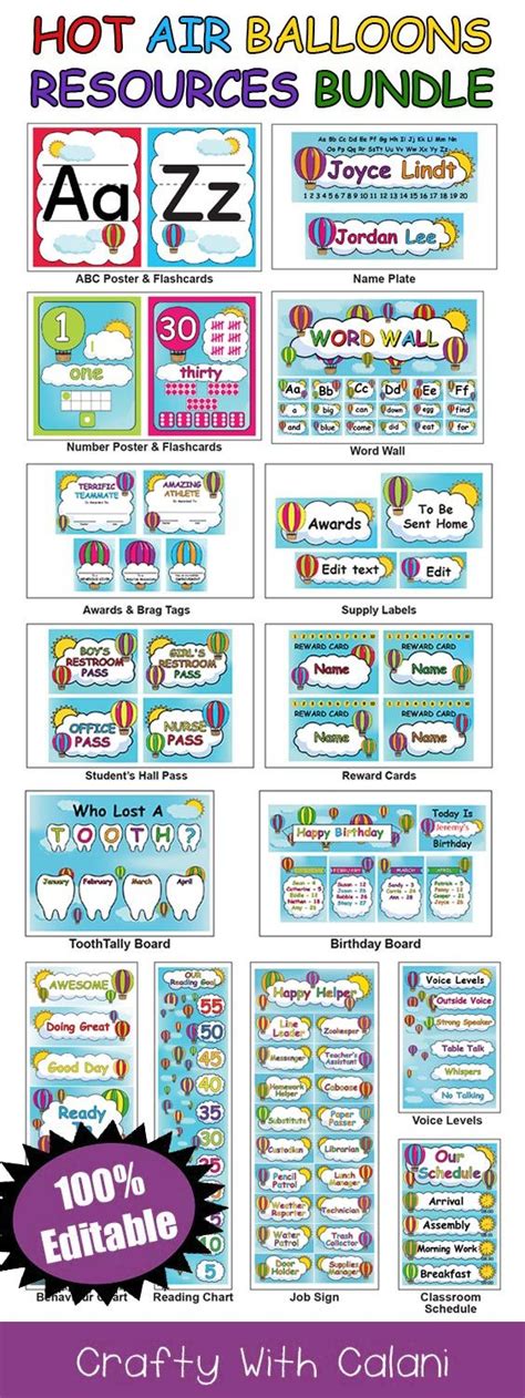 Mix Match Hot Air Balloons Classroom Decor Bundle 3 100 Editable Hot Air Balloon