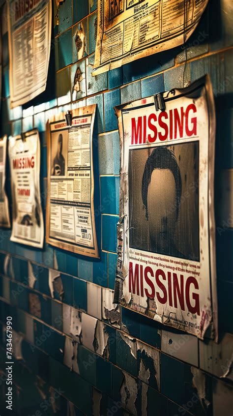 Rows of aged missing person posters on a wall with a prominent MISSING ...
